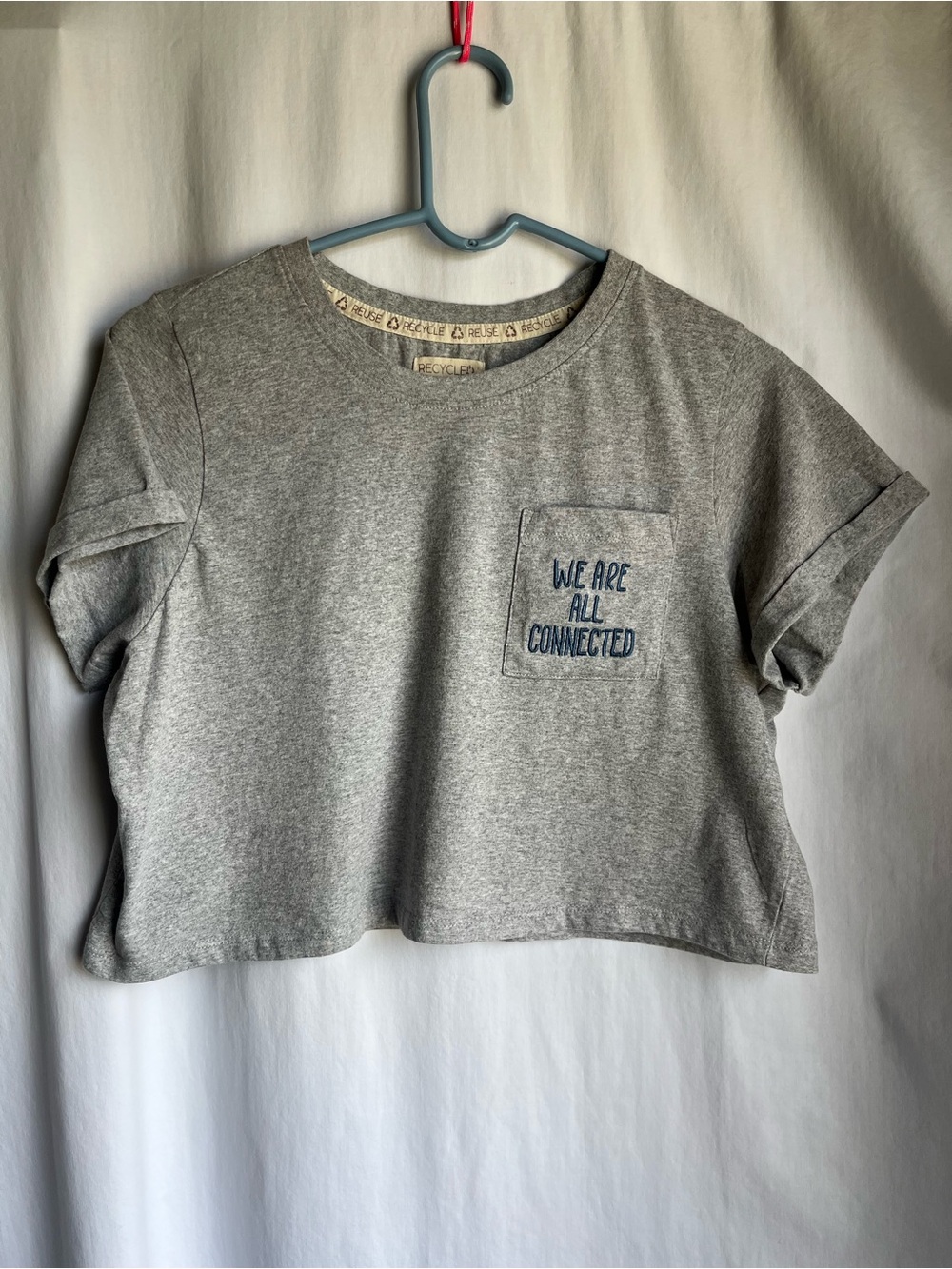 Cropped Grey Pocket Tee - 'We Are All Connected' ‘trust the universe’